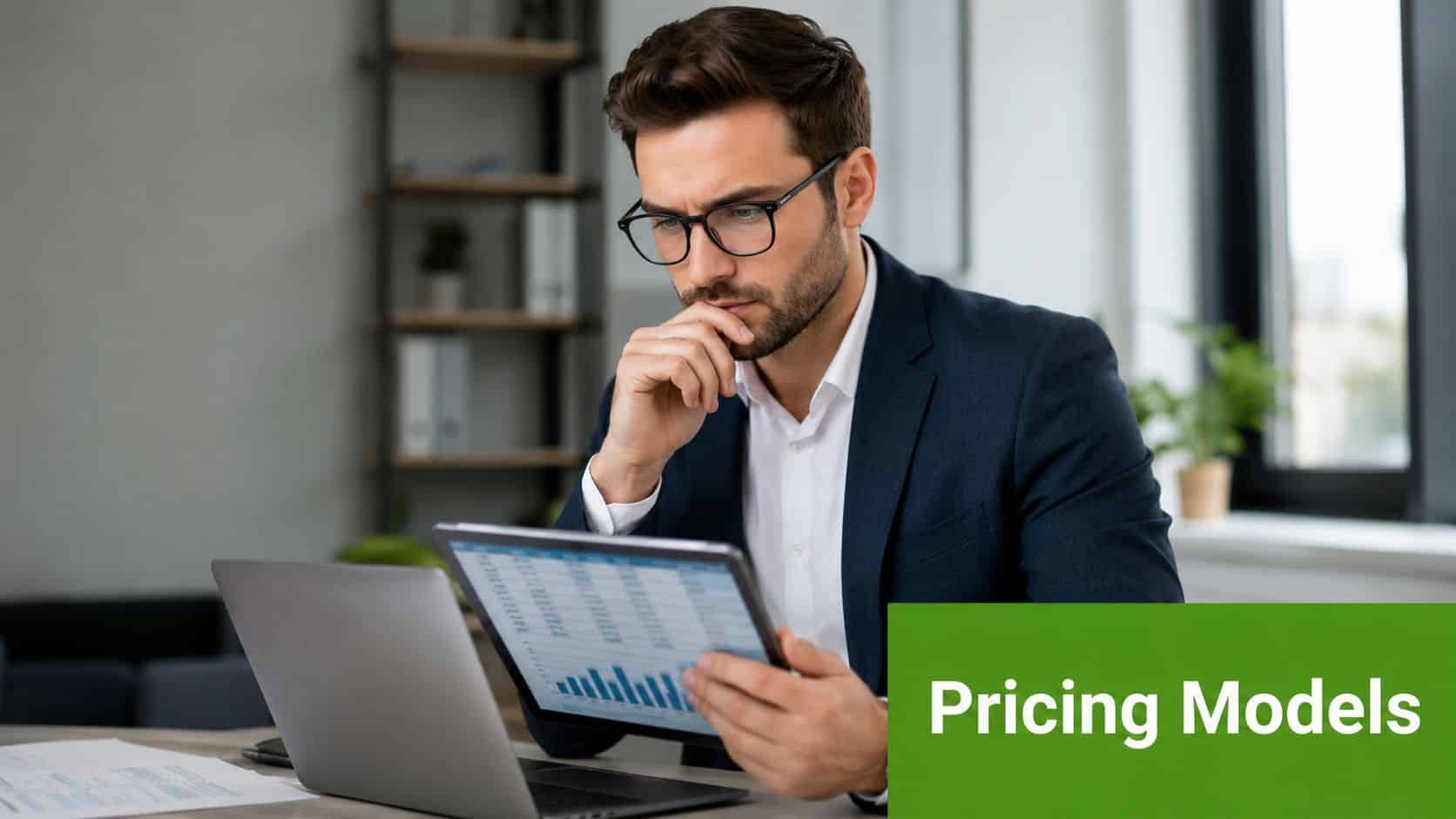 A professional man in a business suit analyzing data charts on a tablet while sitting at a desk.