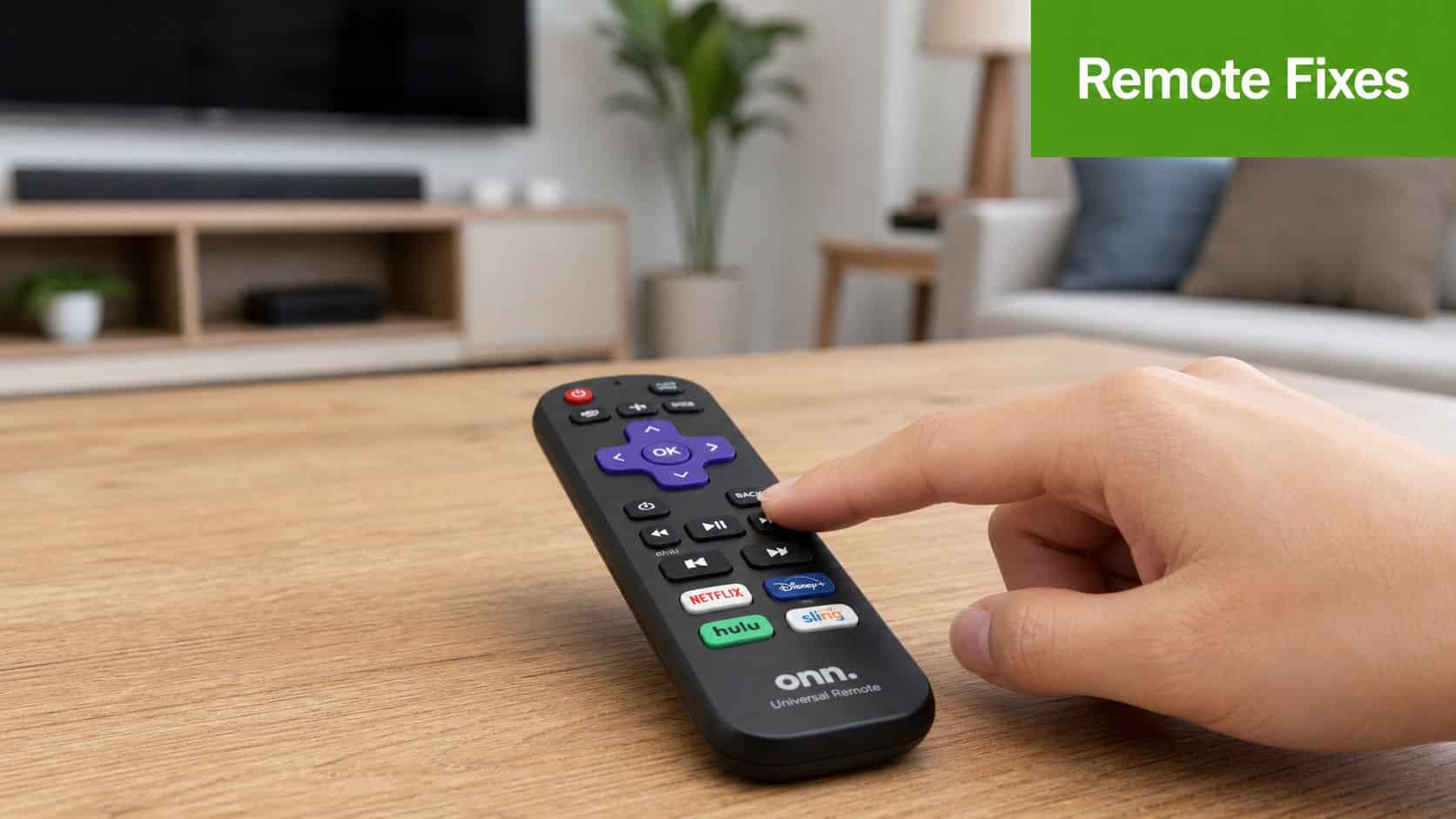 A hand pressing the back button on an onn universal remote control placed on a wooden table.
