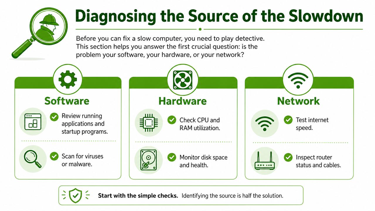 An infographic titled Diagnosing the Source of the Slowdown with tips for software, hardware, and network troubleshooting.
