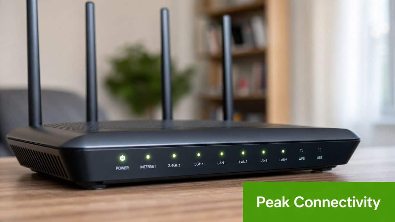 A modern black wireless router sits on a wooden desk with all LED indicator lights glowing green.