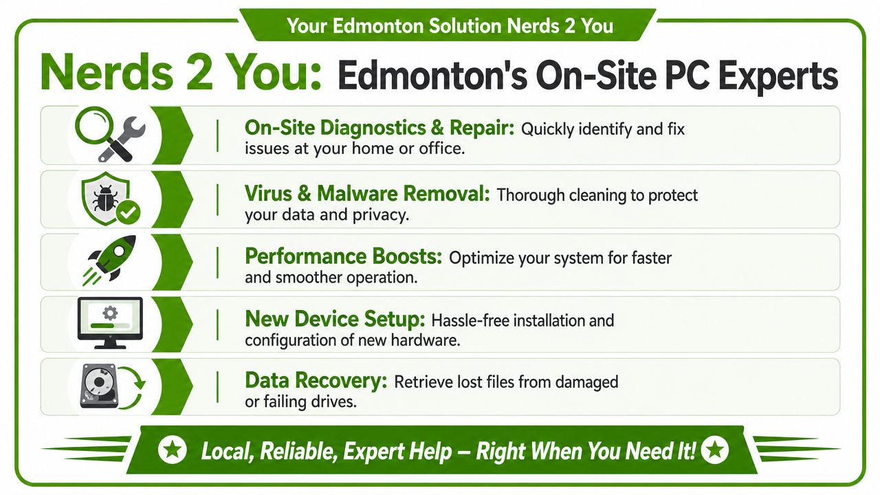 Nerds 2 You graphic listing on-site PC diagnostic, repair, malware removal, performance optimization, and data recovery services.