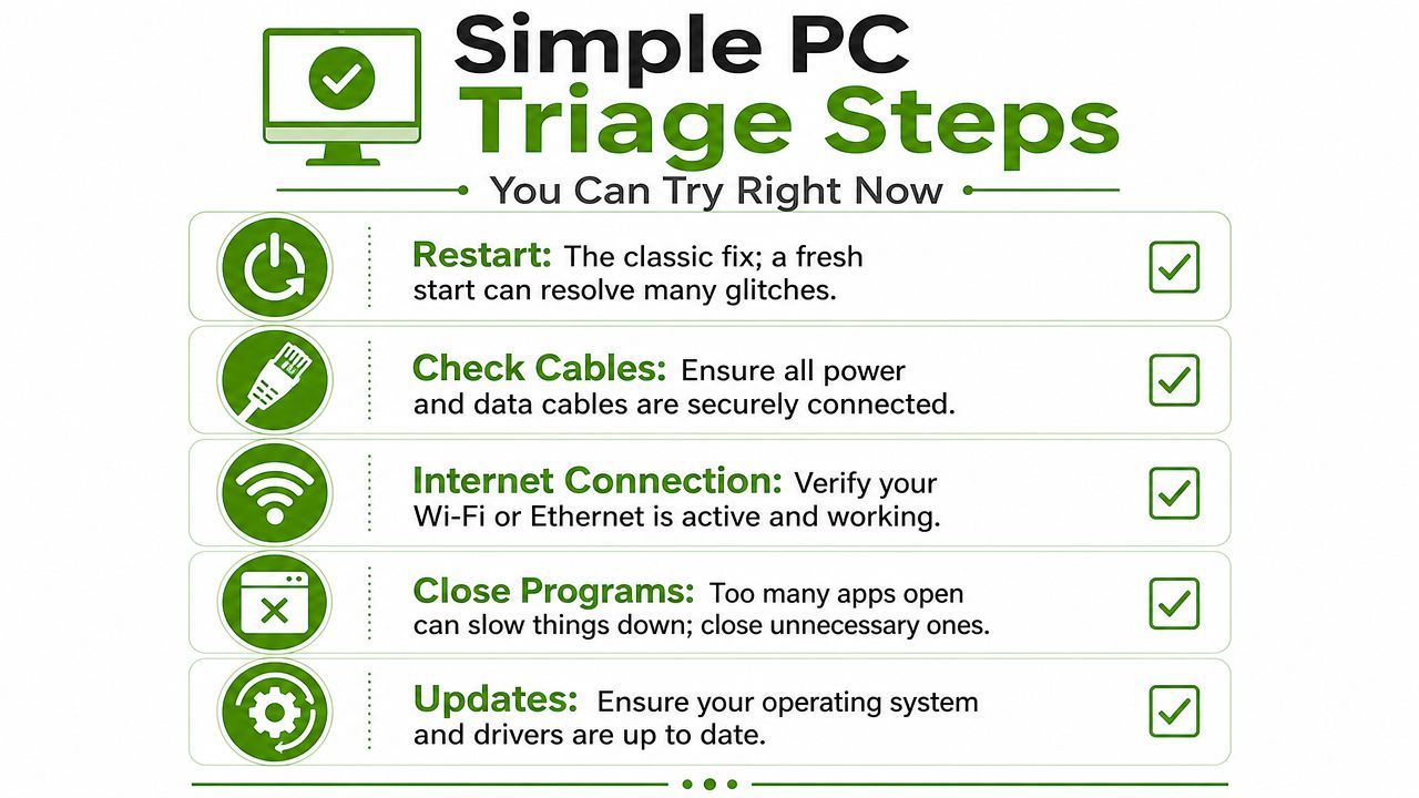 A simple infographic listing five essential steps for troubleshooting common PC issues including restarting and checking connections.