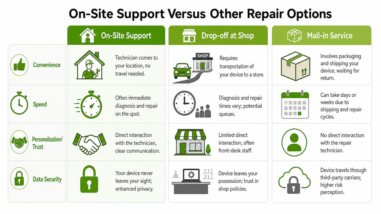 A comparison chart outlining the pros and cons of On-Site Support, Drop-off at Shop, and Mail-in repair services.