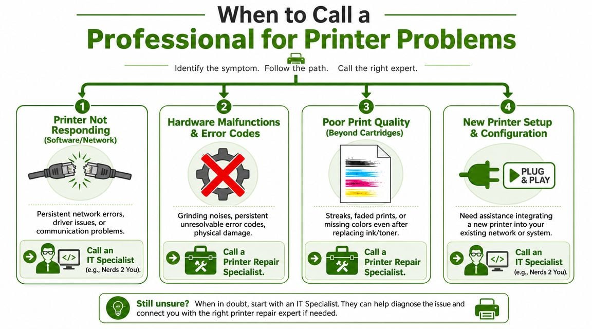 An infographic titled When to Call a Professional for Printer Problems, guiding users to the right expert.
