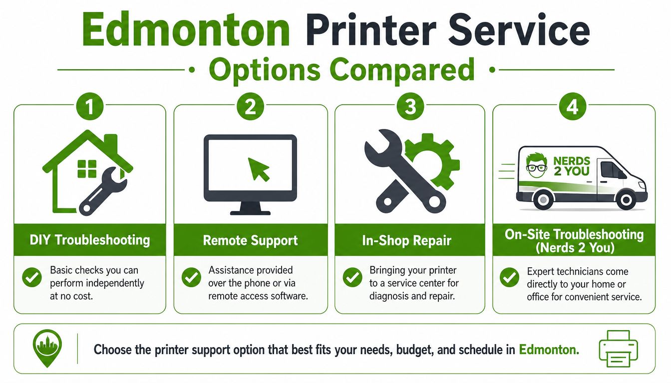 An infographic comparing four printer service options in Edmonton, ranging from DIY troubleshooting to on-site professional repair.