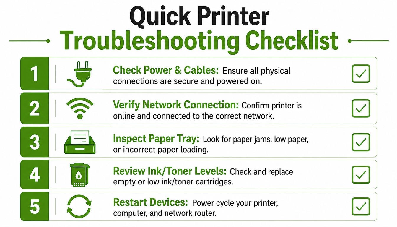 A green checklist providing five essential troubleshooting steps for fixing common issues with home or office printers.