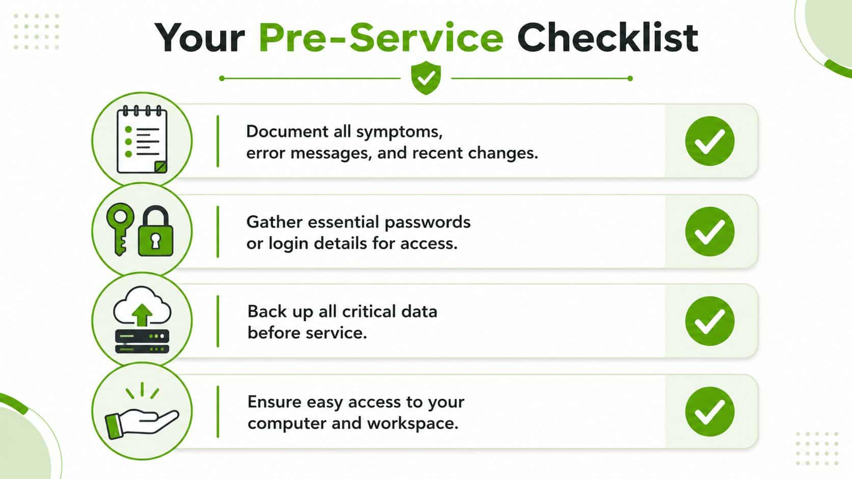 A professional pre-service checklist infographic listing four essential steps for preparing computers for maintenance and repair.