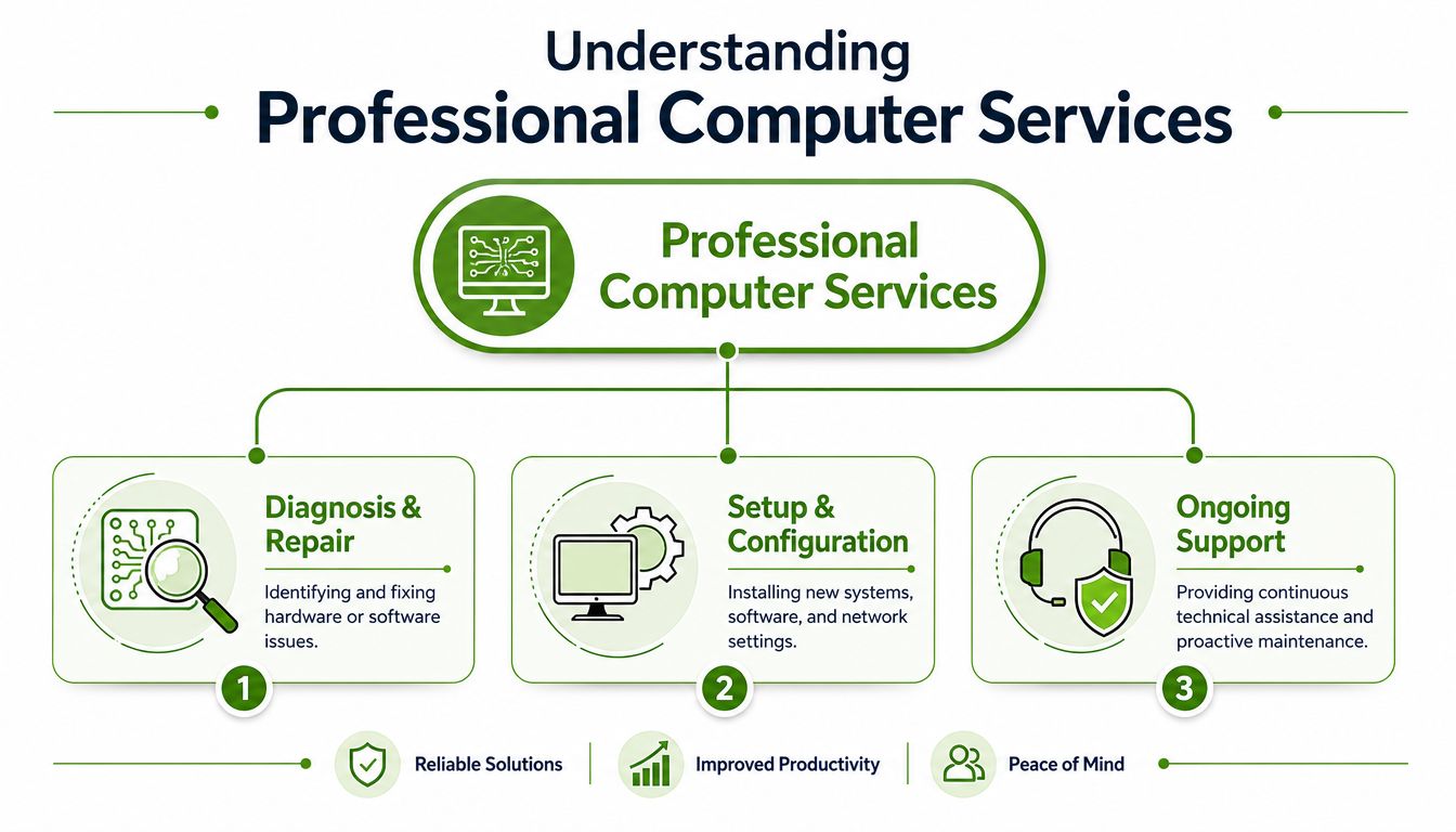 A diagram outlining professional computer services including diagnosis and repair, setup and configuration, and ongoing support.
