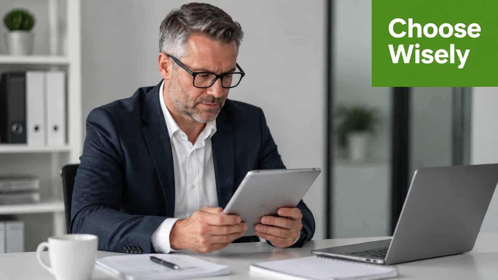 A professional man in a suit working on a tablet at a modern office desk.