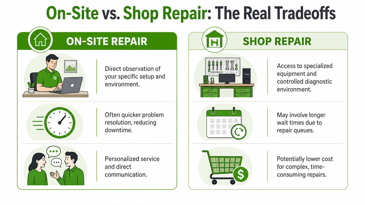 An infographic comparing the benefits and tradeoffs of on-site versus shop repair services for computer equipment.