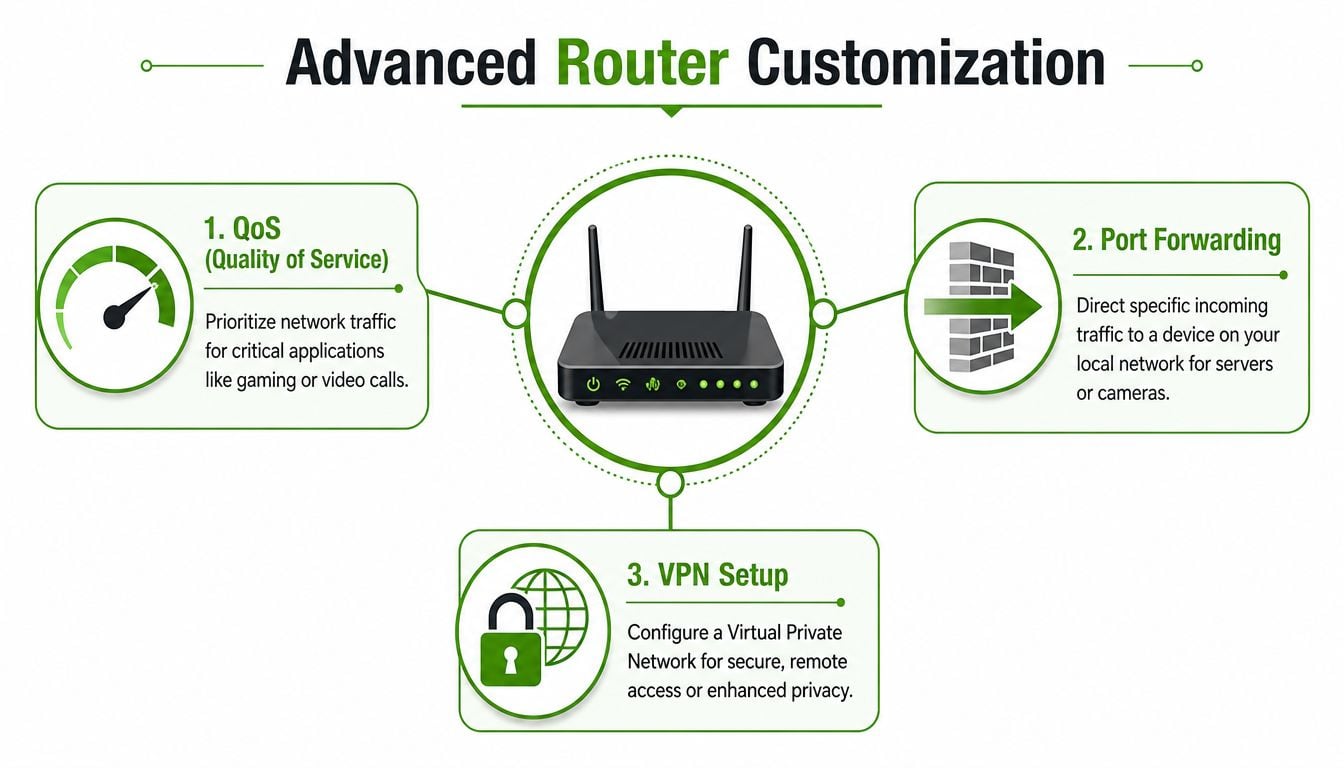A diagram illustrating three key router customization features including QoS, Port Forwarding, and VPN setup configuration.