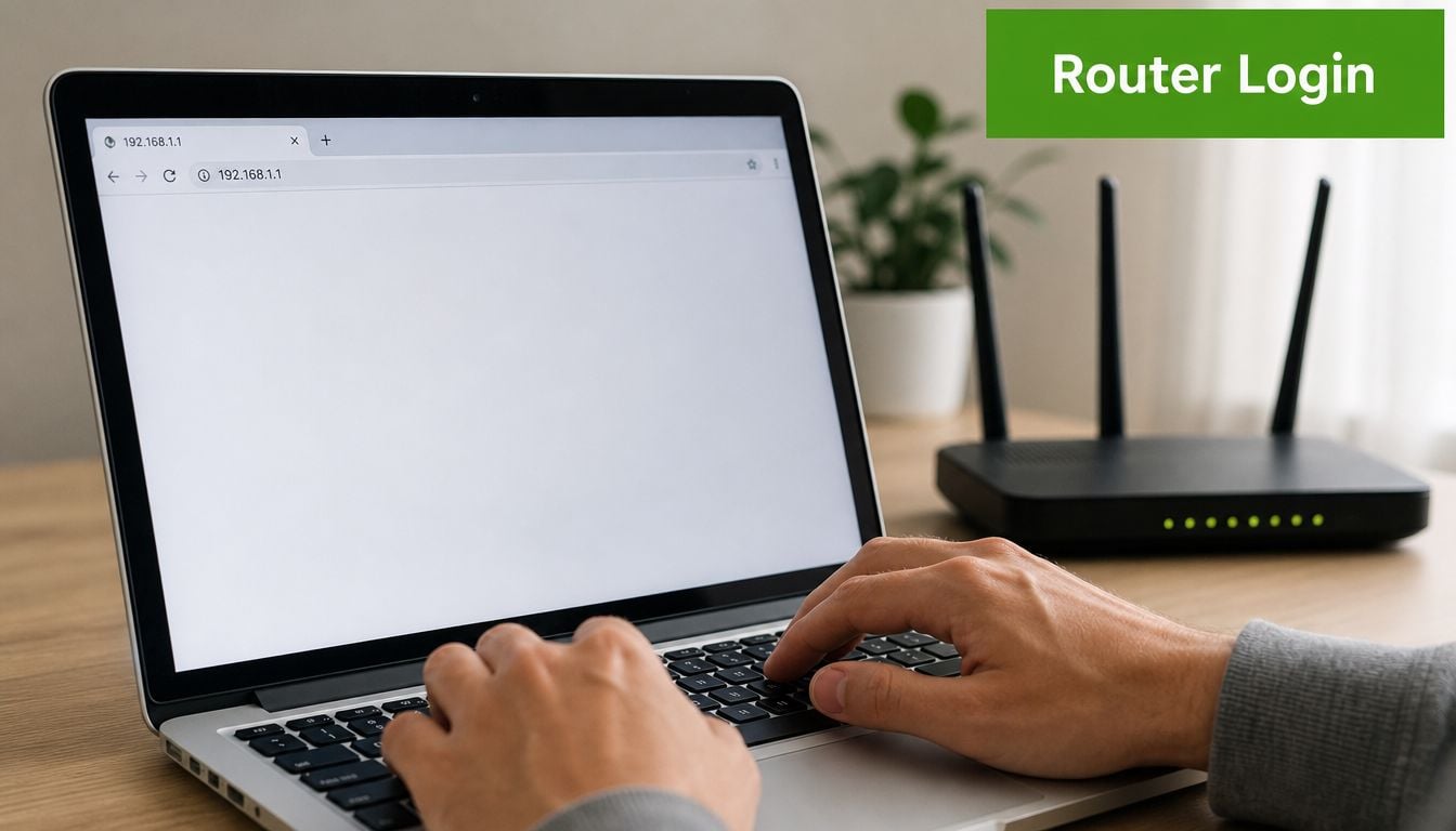 A person using a laptop to access router configuration settings with a wireless router in the background.
