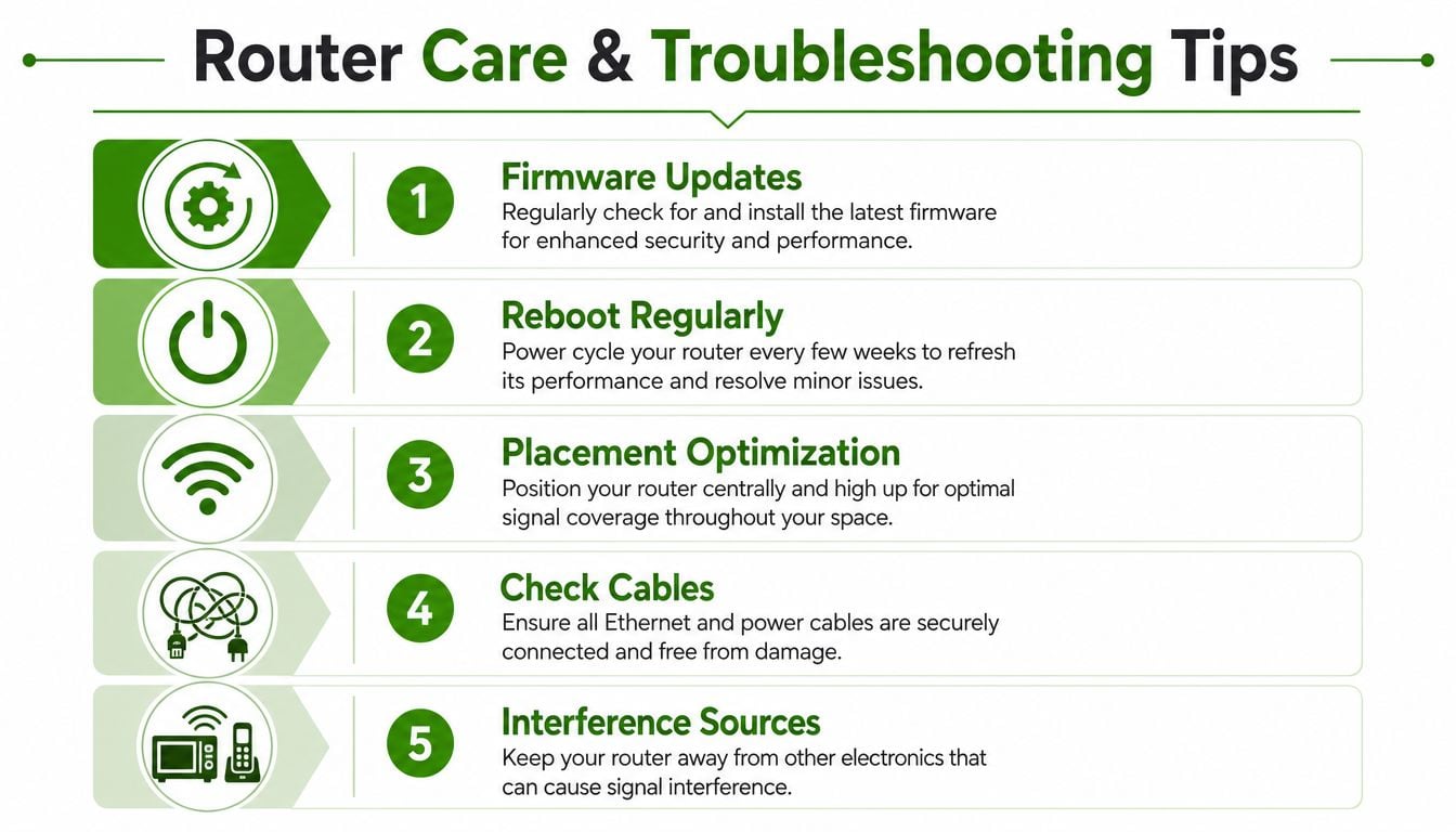 An infographic titled Router Care and Troubleshooting Tips featuring five numbered steps for maintaining a home router.