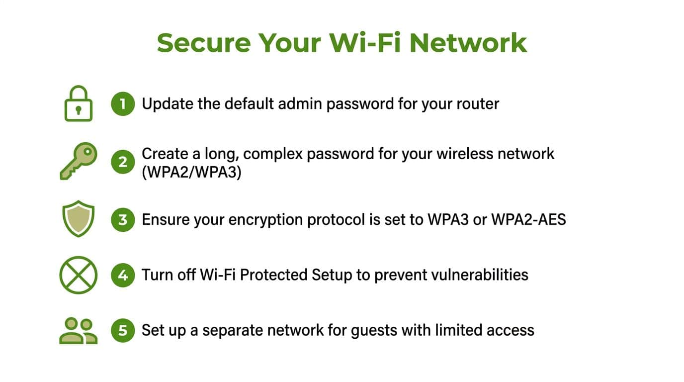 A list of five essential tips for securing your home Wi-Fi network using strong passwords and encryption.
