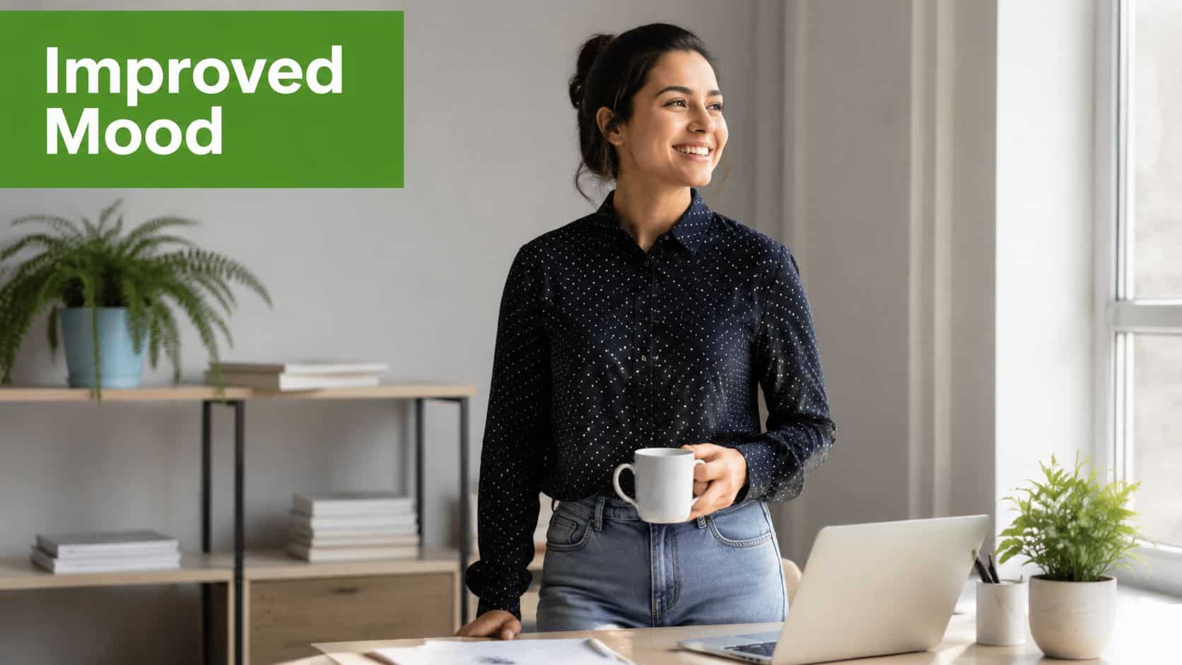 A smiling young woman in a polka dot shirt standing at her office desk with a coffee mug.