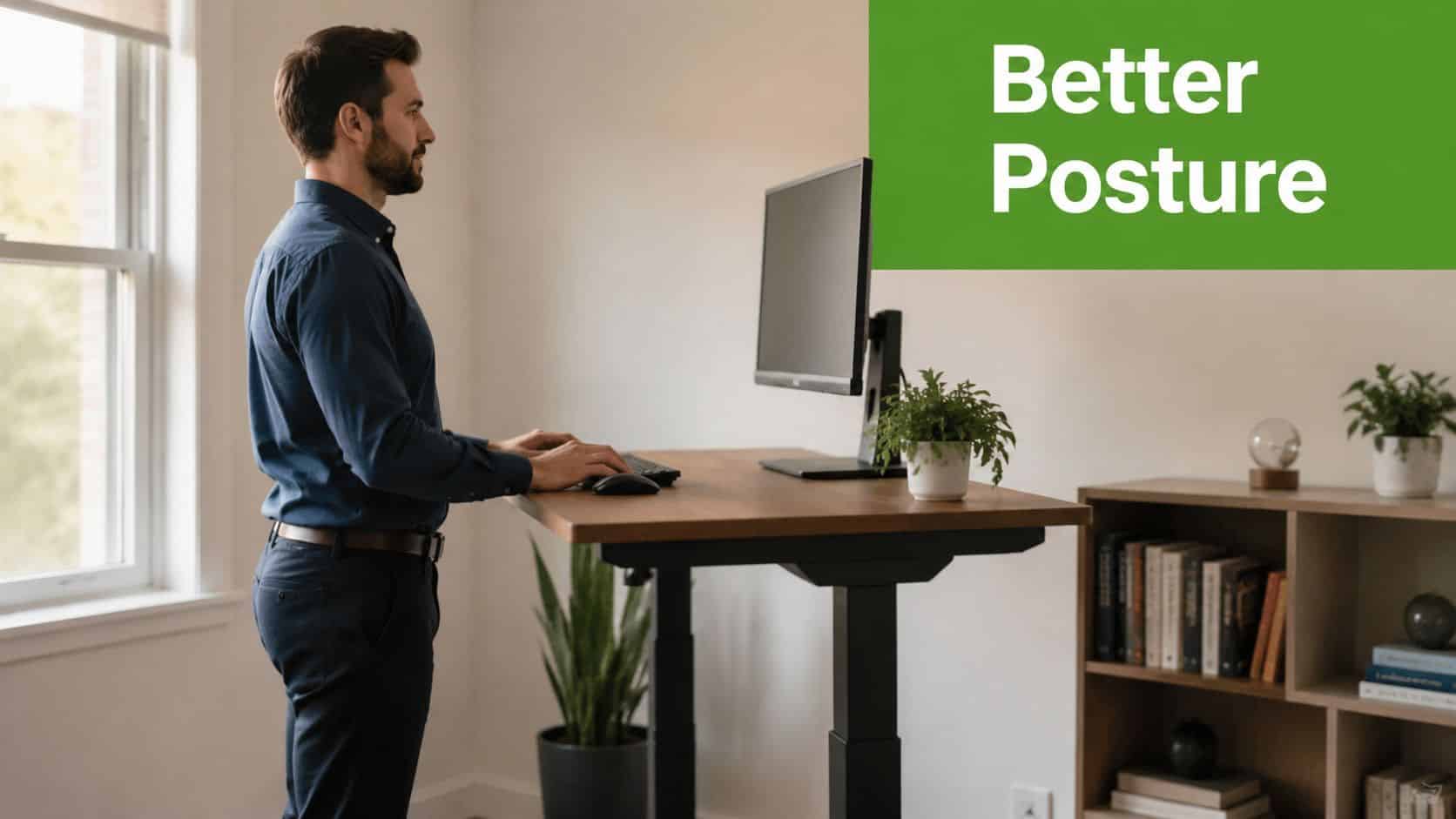 A professional man in a blue shirt using a modern standing desk in a bright home office.
