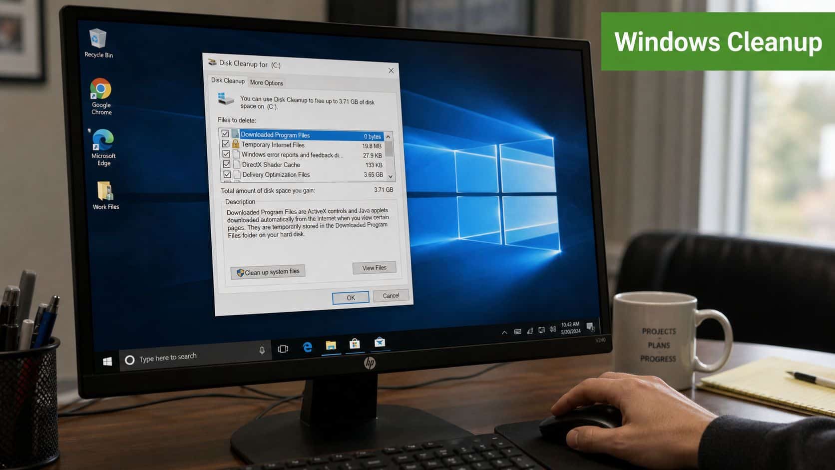 A computer screen showing the Windows Disk Cleanup tool window for clearing temporary files and storage.