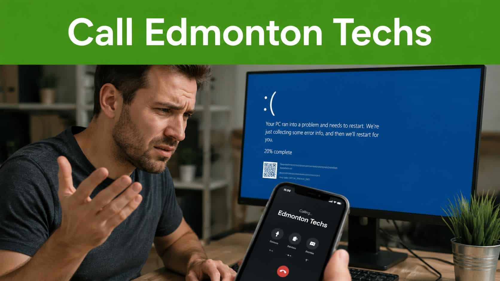 A man looking frustrated at a computer screen showing a blue screen of death error message.