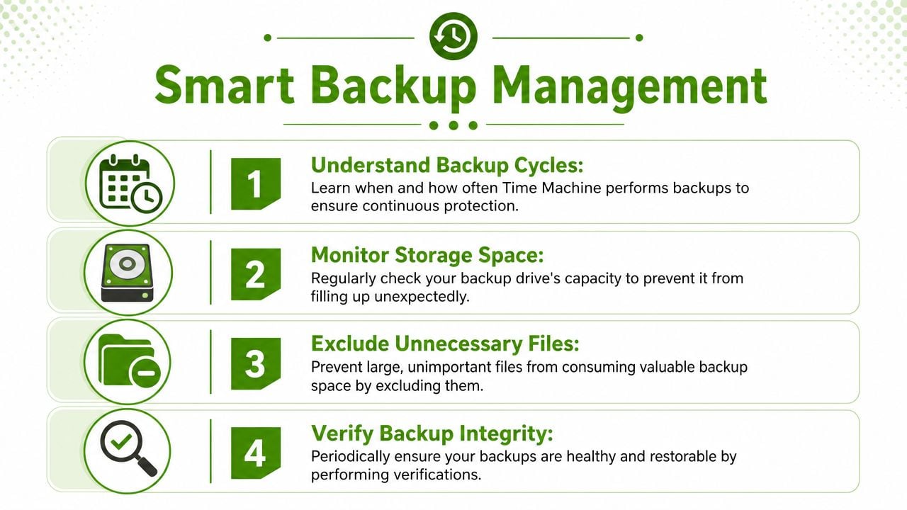 A four-step infographic illustrating best practices for managing Time Machine backups on a computer.