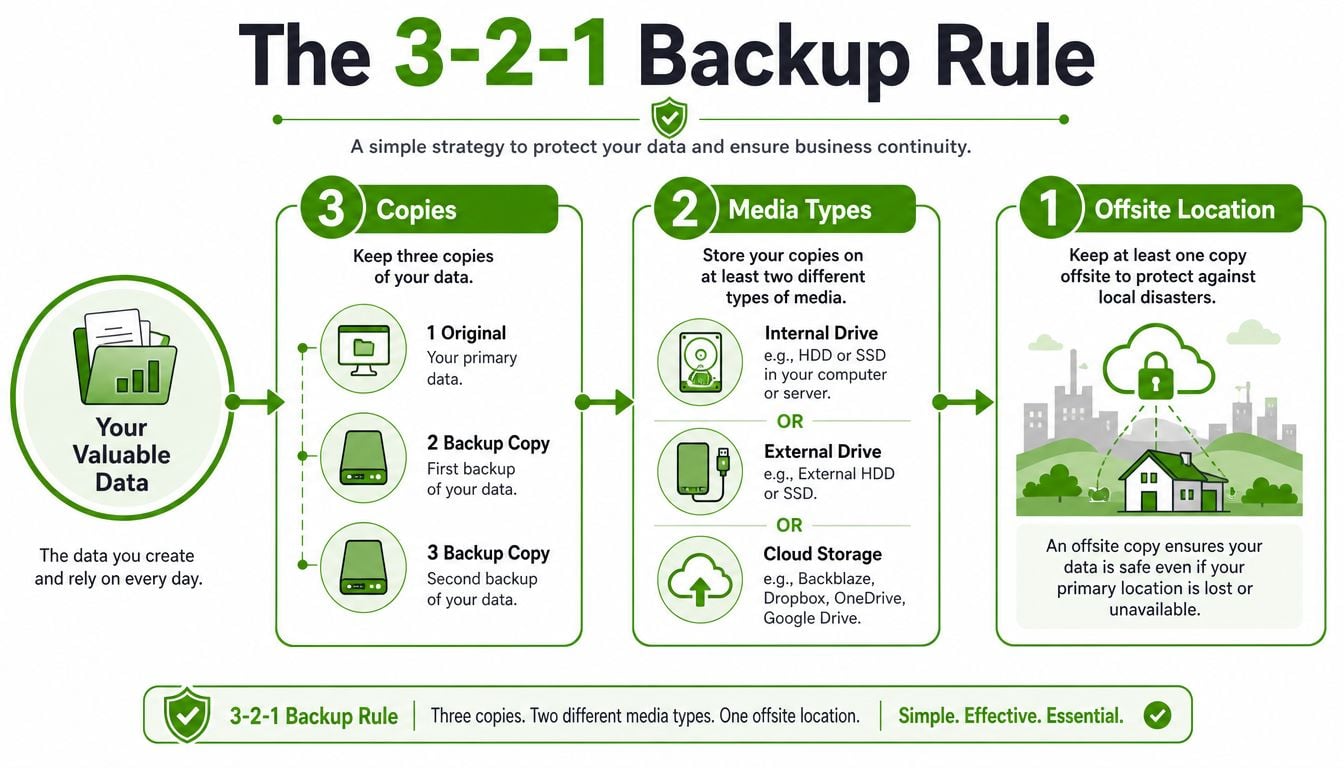 An infographic explaining the 3-2-1 data backup strategy for business continuity and protection.