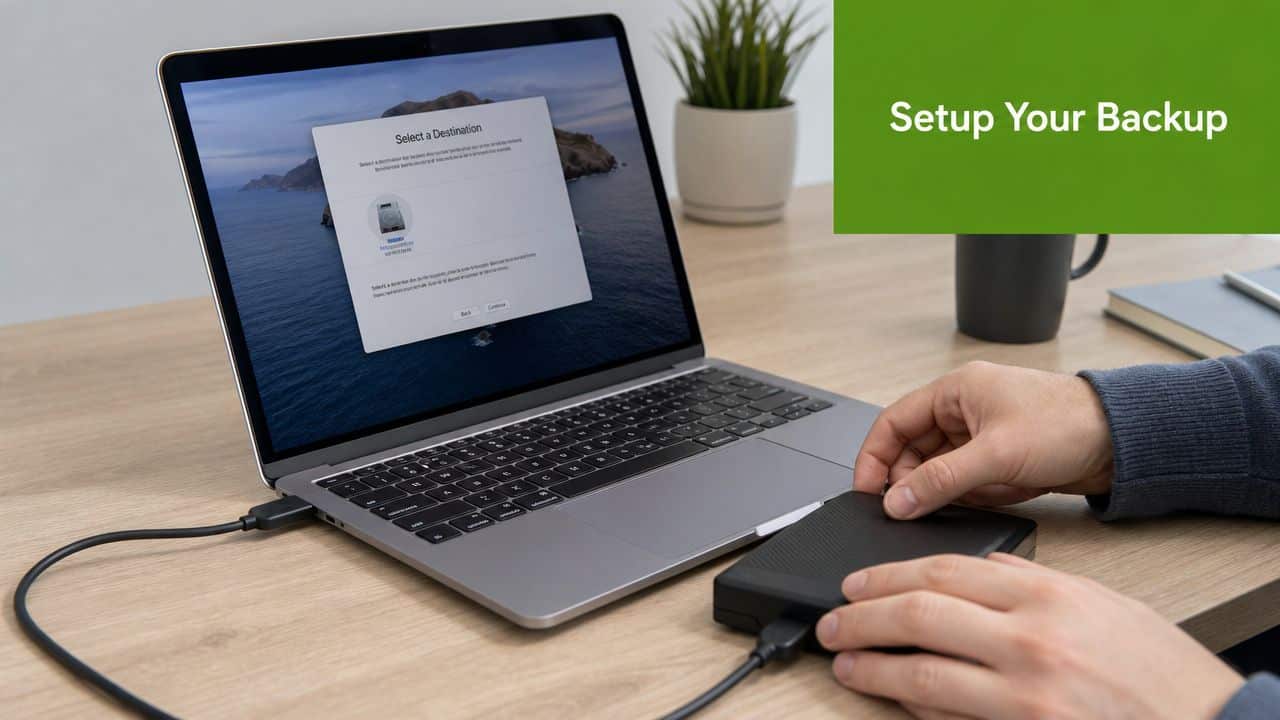 A person connecting an external hard drive to a laptop to set up a Time Machine backup.