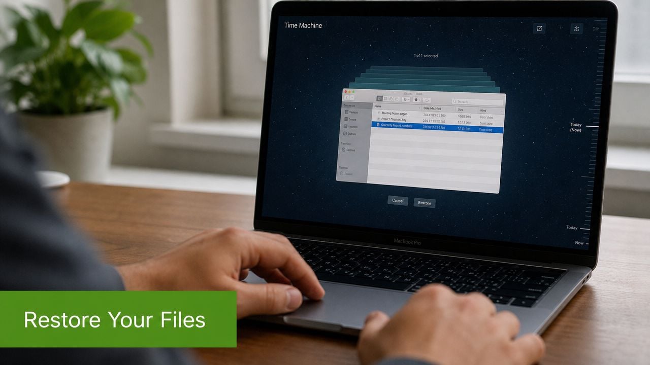A person using a MacBook to restore files from a Time Machine backup on a desk.
