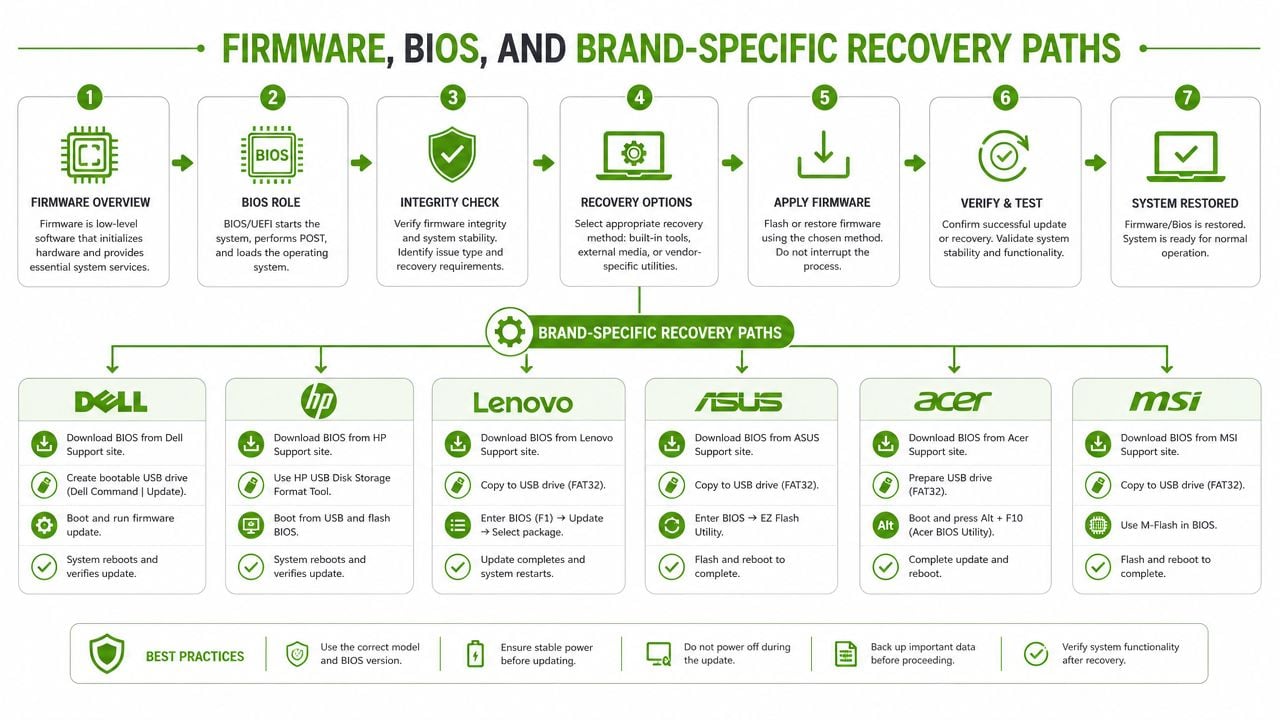 A diagram illustrating the step-by-step firmware, BIOS, and brand-specific recovery process for various computer manufacturers.