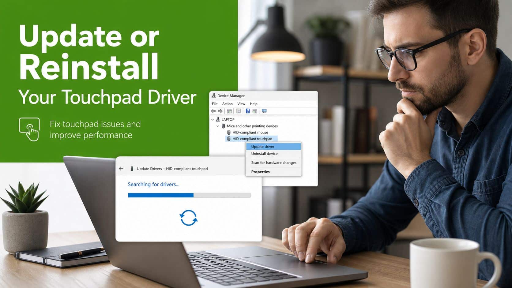 A man looking thoughtfully at his laptop screen while updating his HID-compliant touchpad driver in Device Manager.