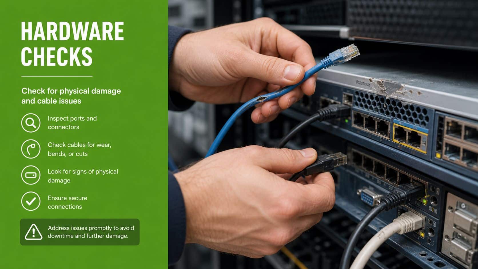 A technician inspecting a damaged blue network cable while maintaining server hardware equipment in a rack.