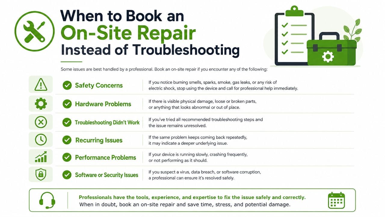 An infographic titled When to Book an On-Site Repair detailing six signs requiring professional technical support.
