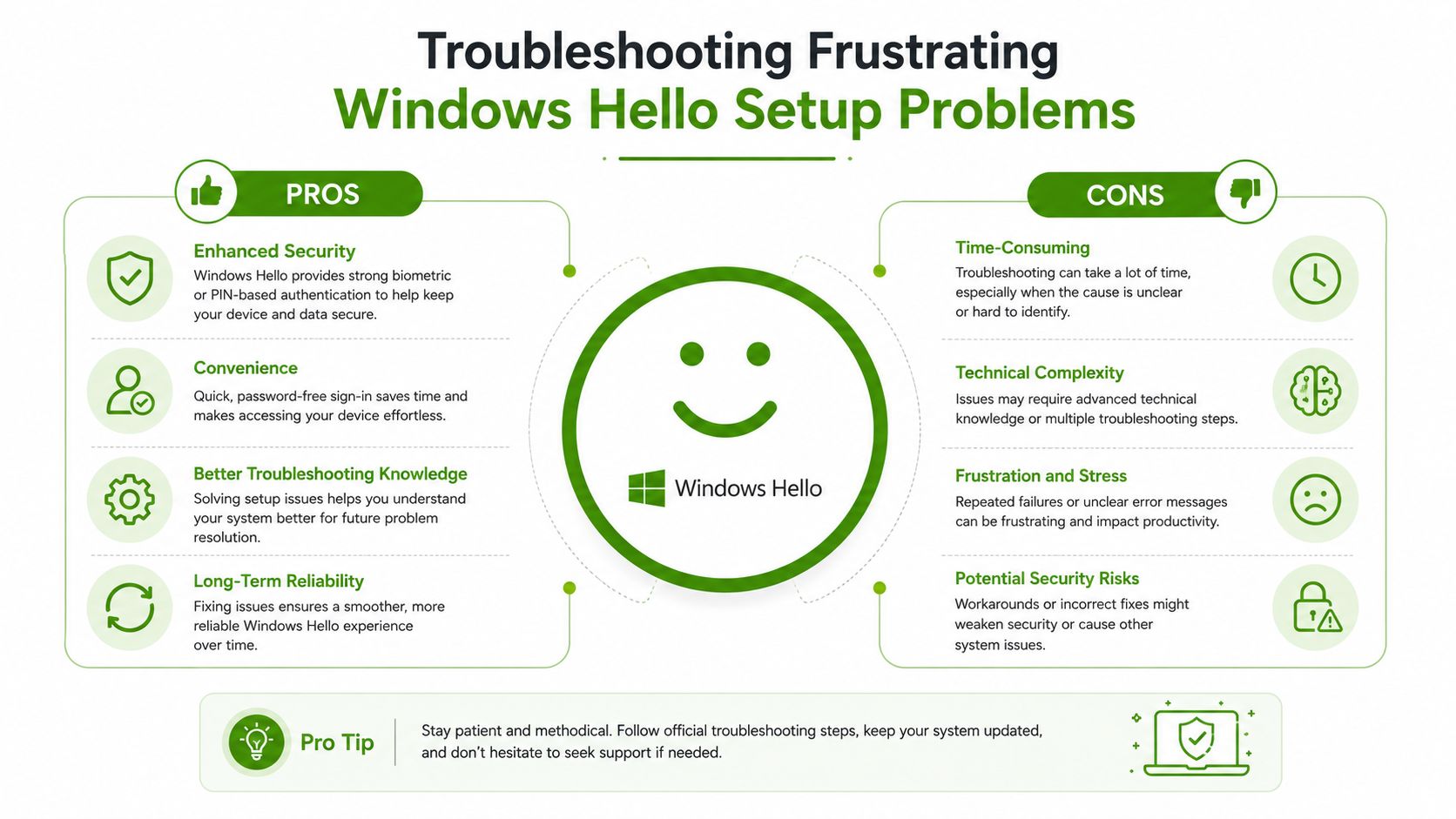 An infographic comparing the pros and cons of troubleshooting Windows Hello setup problems with helpful advice.