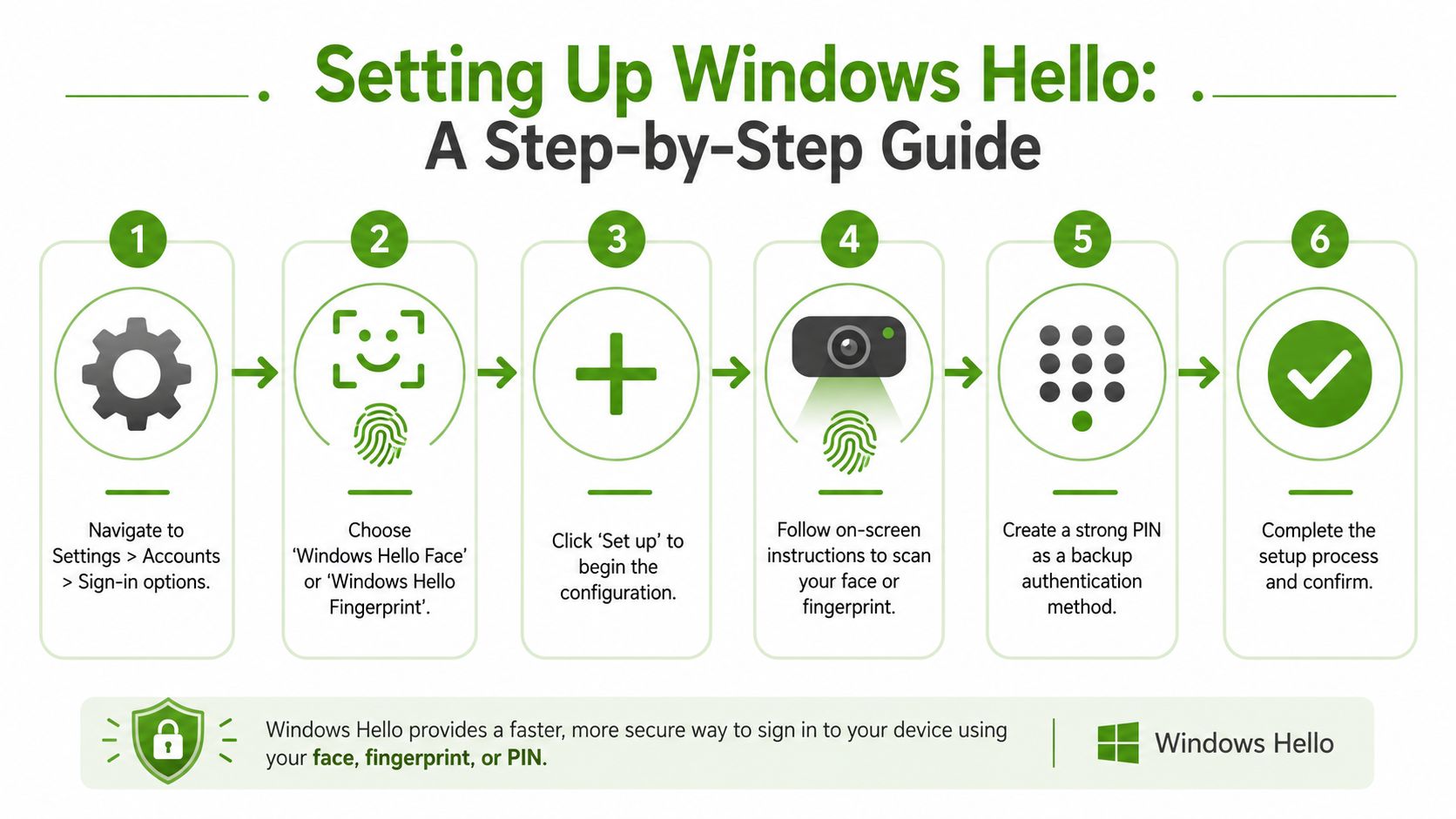 A six-step infographic showing how to set up Windows Hello for biometric and PIN authentication on devices.