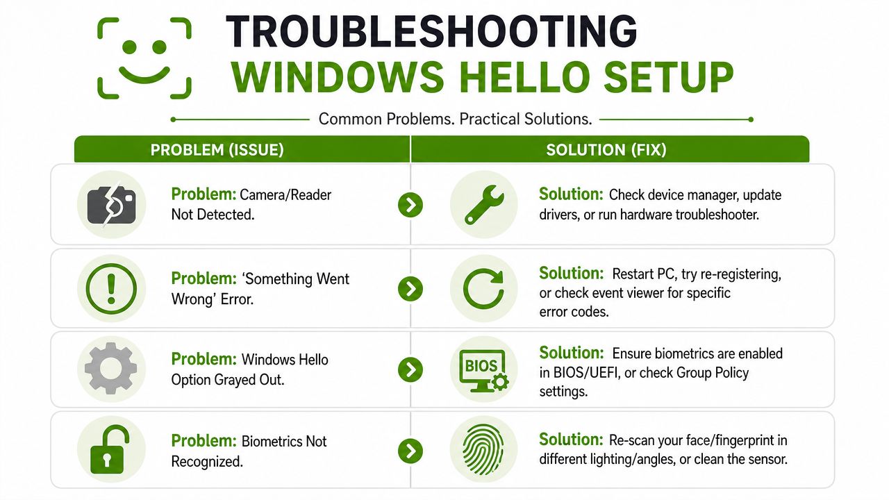 A troubleshooting guide infographic for Windows Hello setup issues with icons for camera, errors, and biometrics.