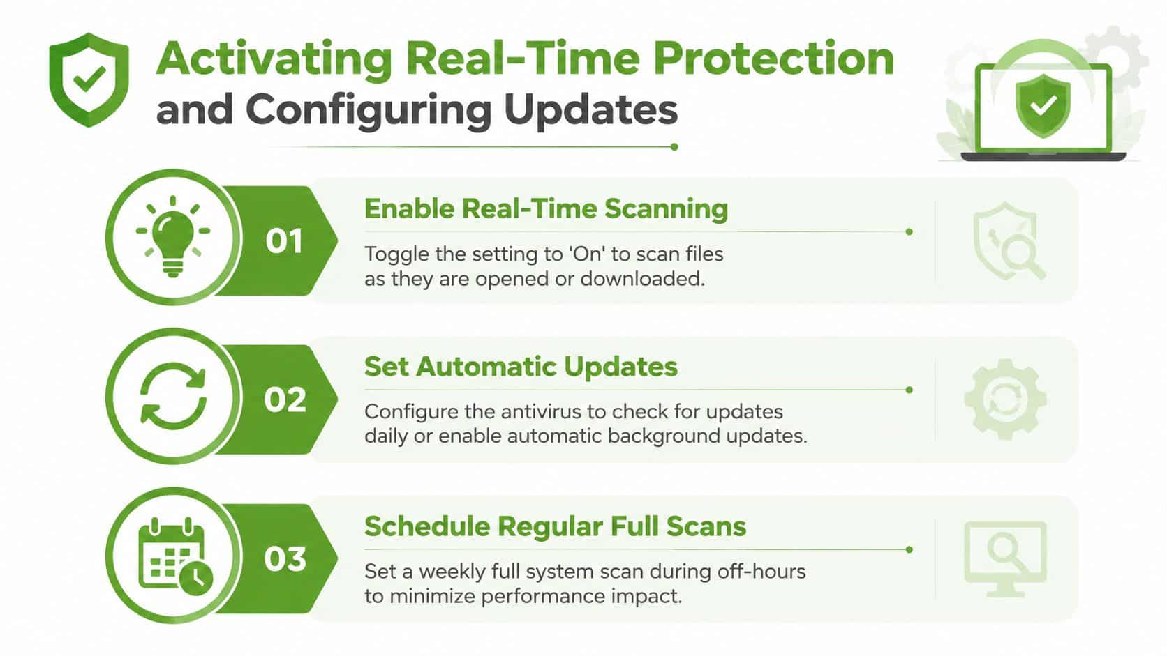 A graphic demonstrating three steps to activate real-time protection and configure antivirus software updates on a computer.