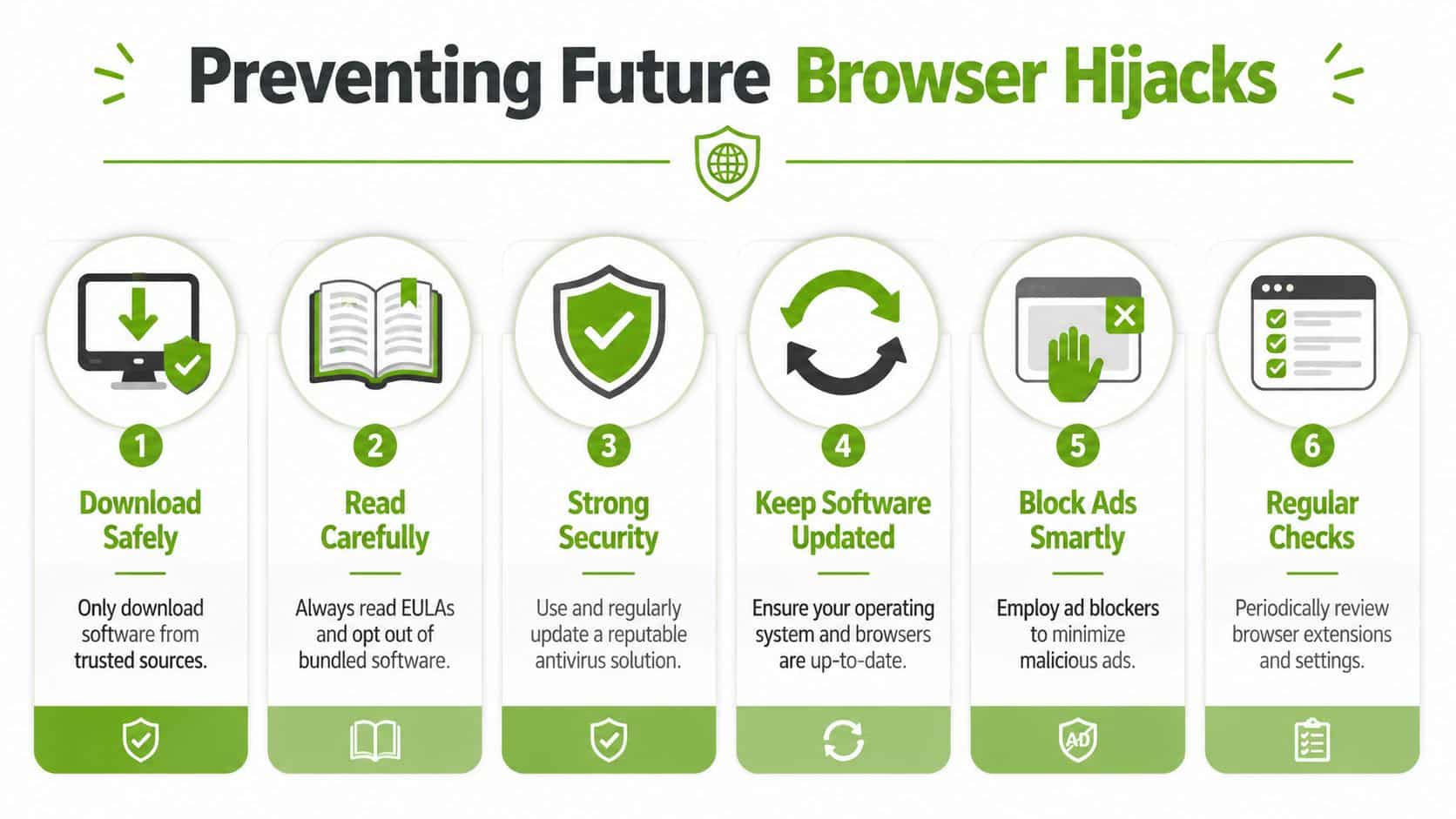 A six-step infographic on how to prevent browser hijacks by following safe software and security practices.