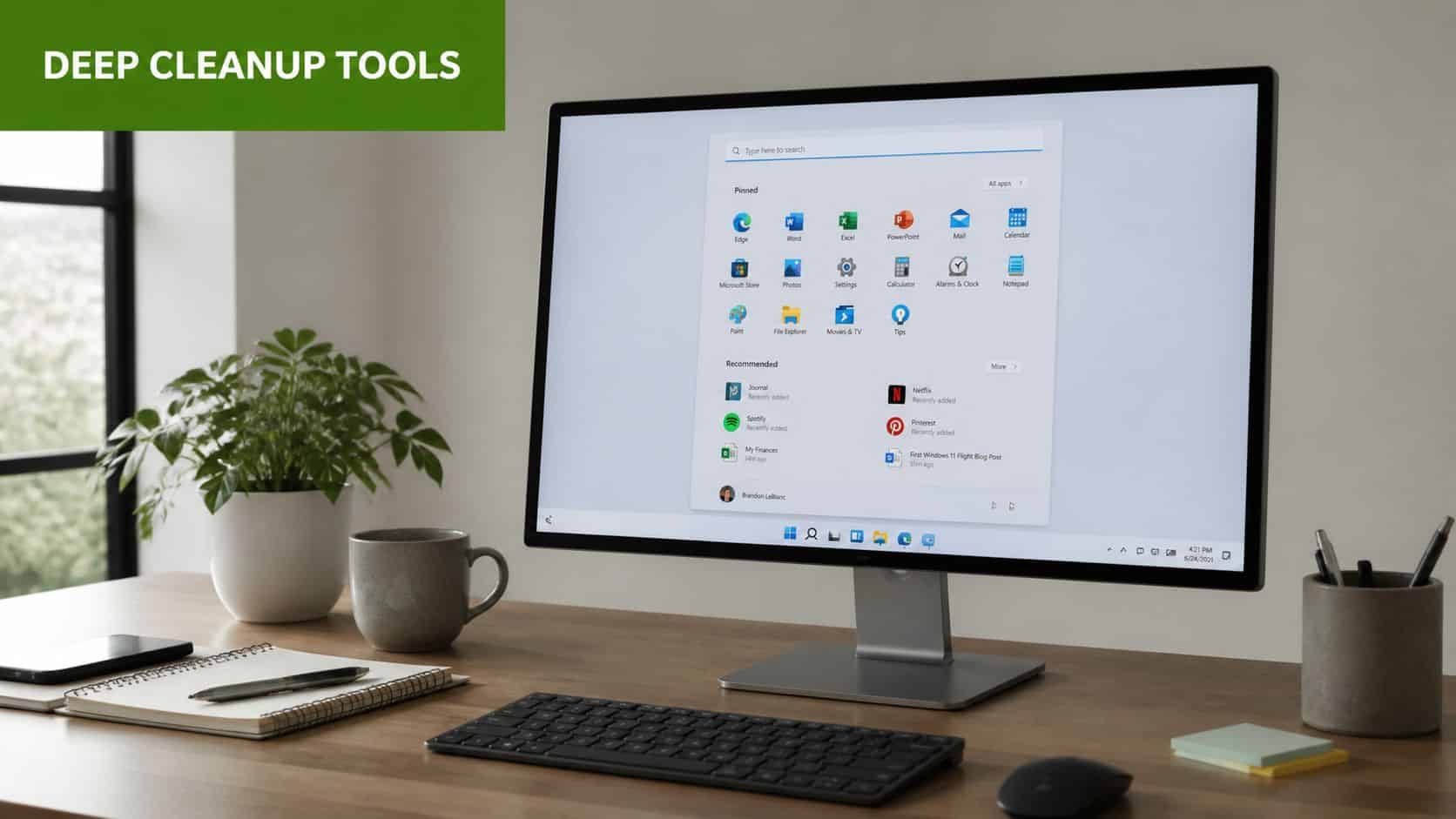 A modern workspace with a computer monitor displaying the Windows 11 start menu on a wooden desk.