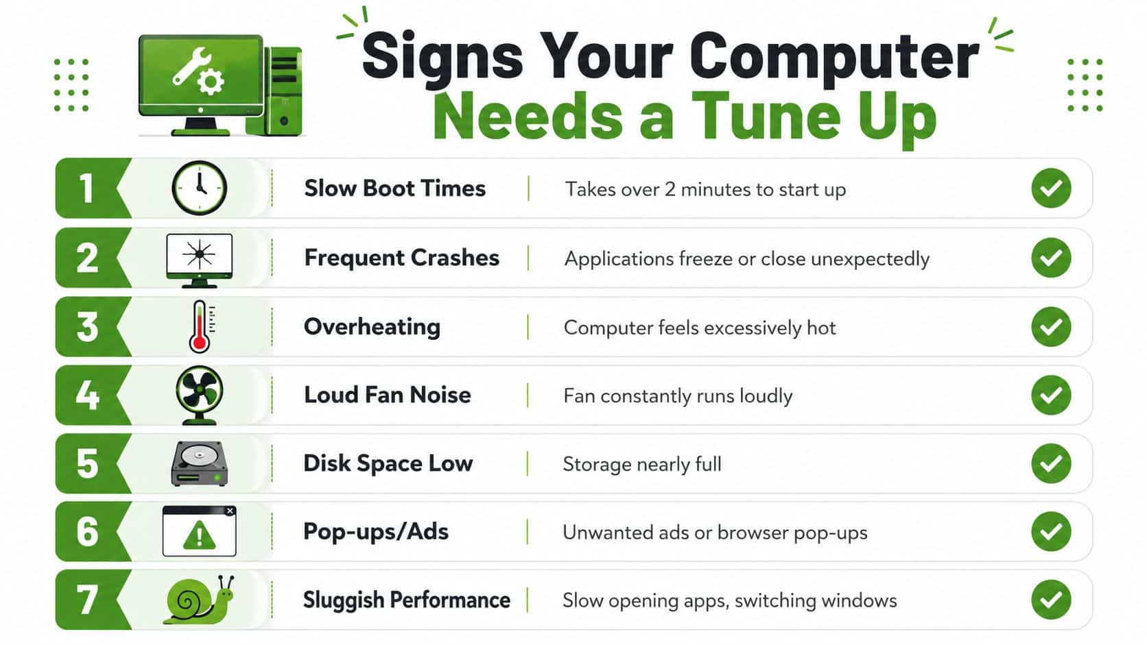 A list of seven common signs that your computer needs a professional tune up or maintenance service.