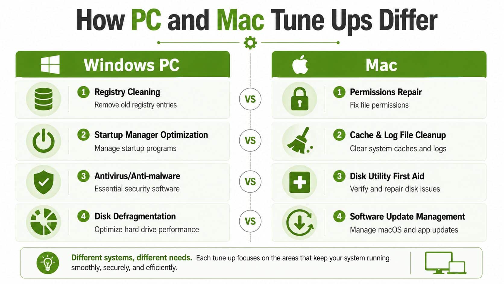 A comparison chart showing four different maintenance steps for both Windows PC and Mac computer tune ups.
