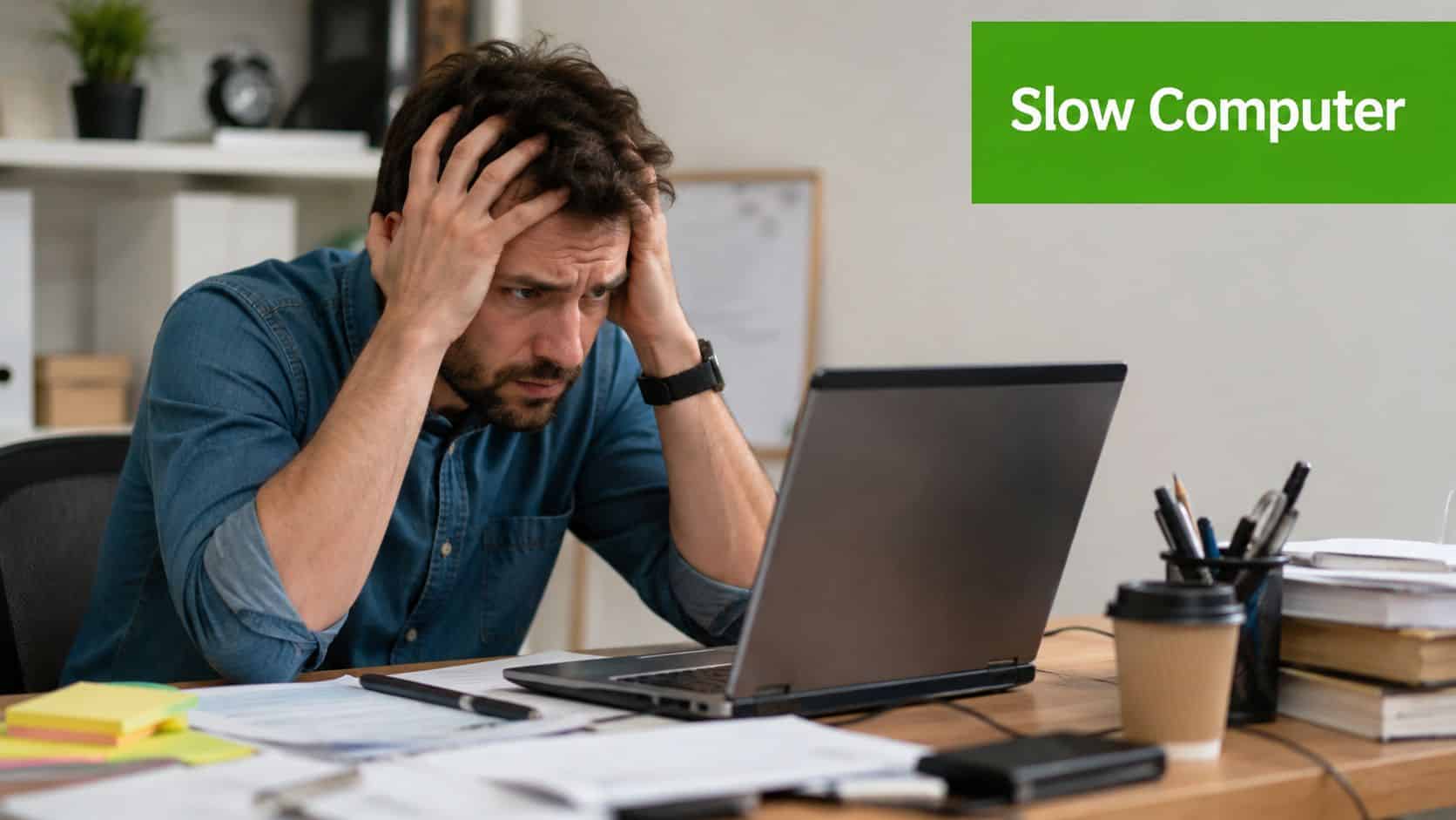 A frustrated man sits at a desk looking at a slow computer while feeling stressed at work.