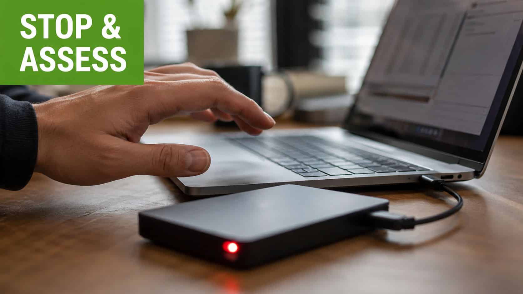 A close-up shot of a person connecting an external hard drive to a laptop computer.