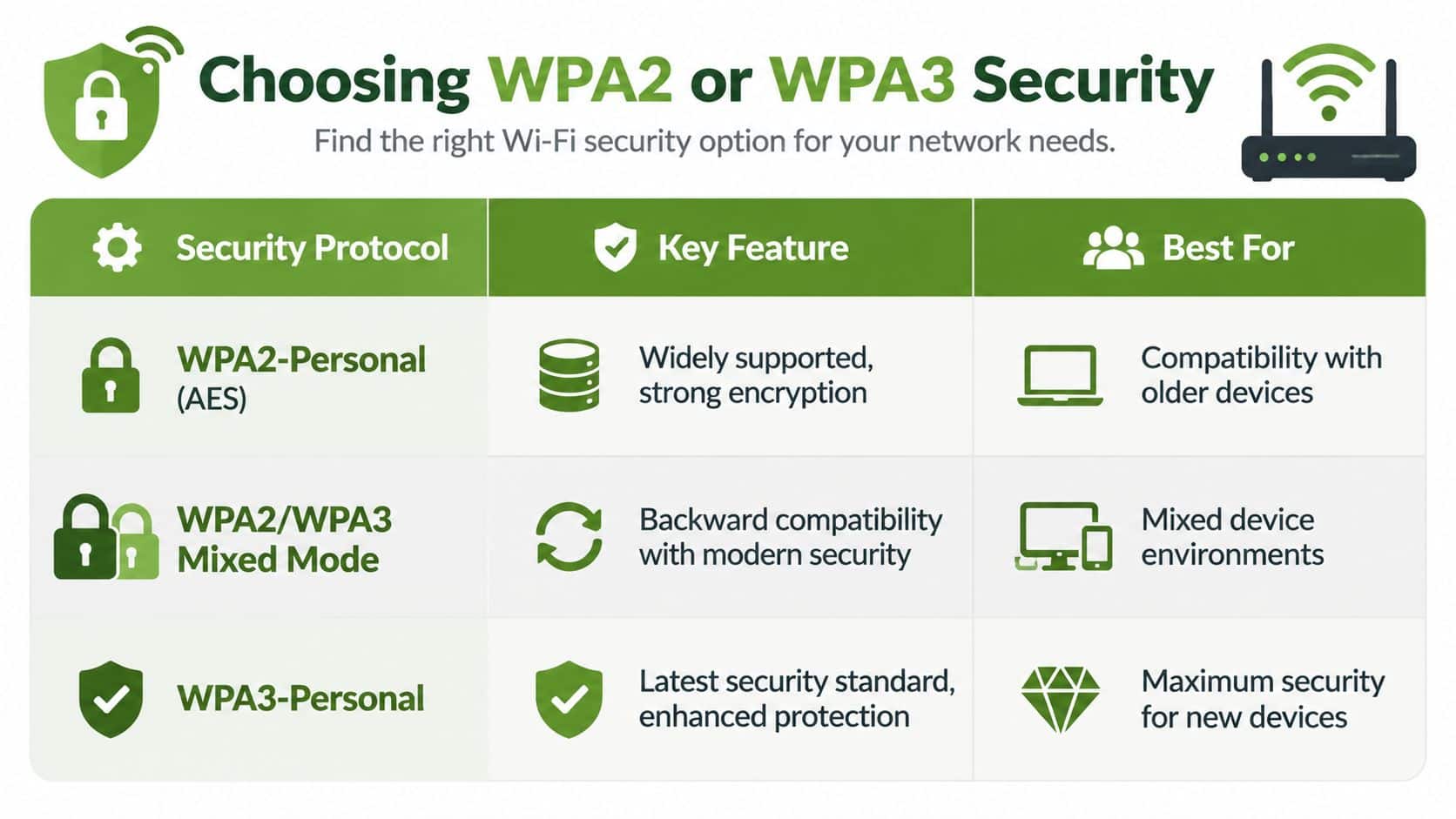 A comparison chart showing the differences between WPA2 and WPA3 Wi-Fi security protocols for network setup.