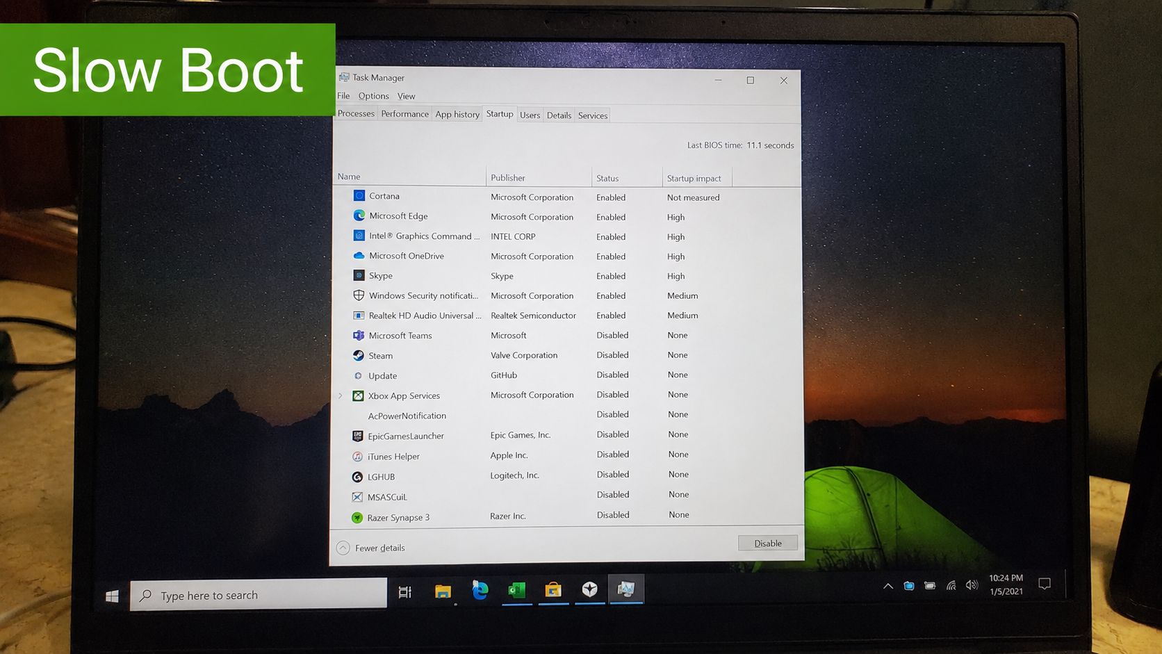 Windows Task Manager displaying startup applications with a green overlay text reading Slow Boot.