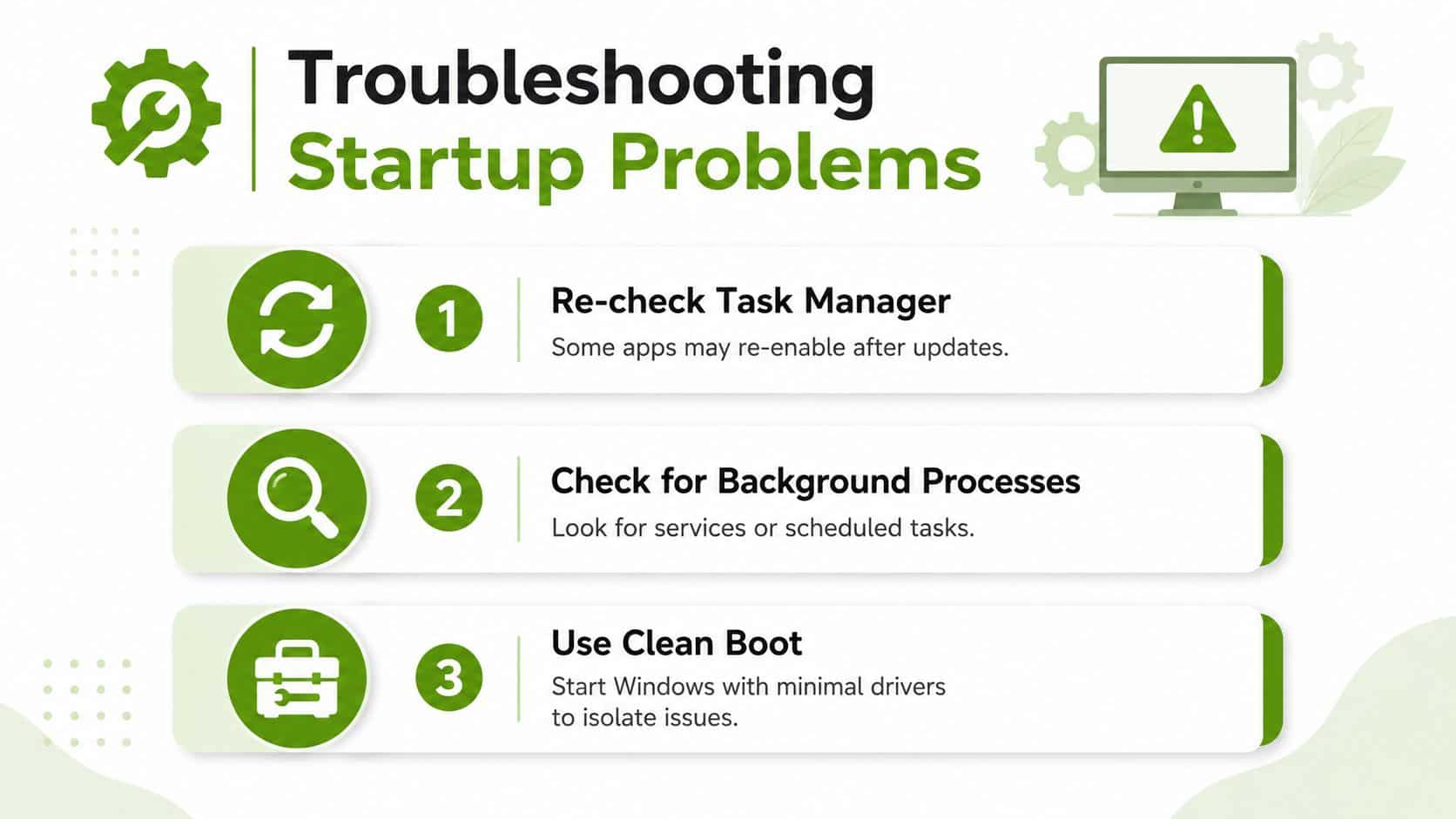 A visual guide illustrating three effective methods to troubleshoot and resolve Windows startup performance issues.