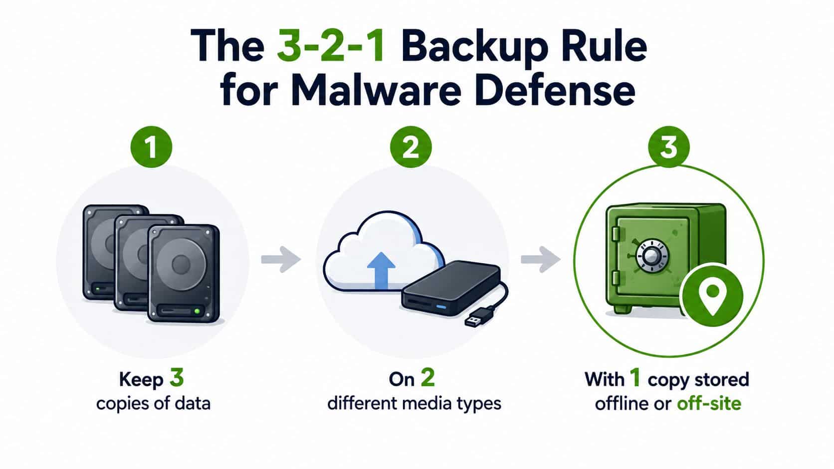 An infographic showing the 3-2-1 backup rule for malware defense, illustrating data storage methods and locations.