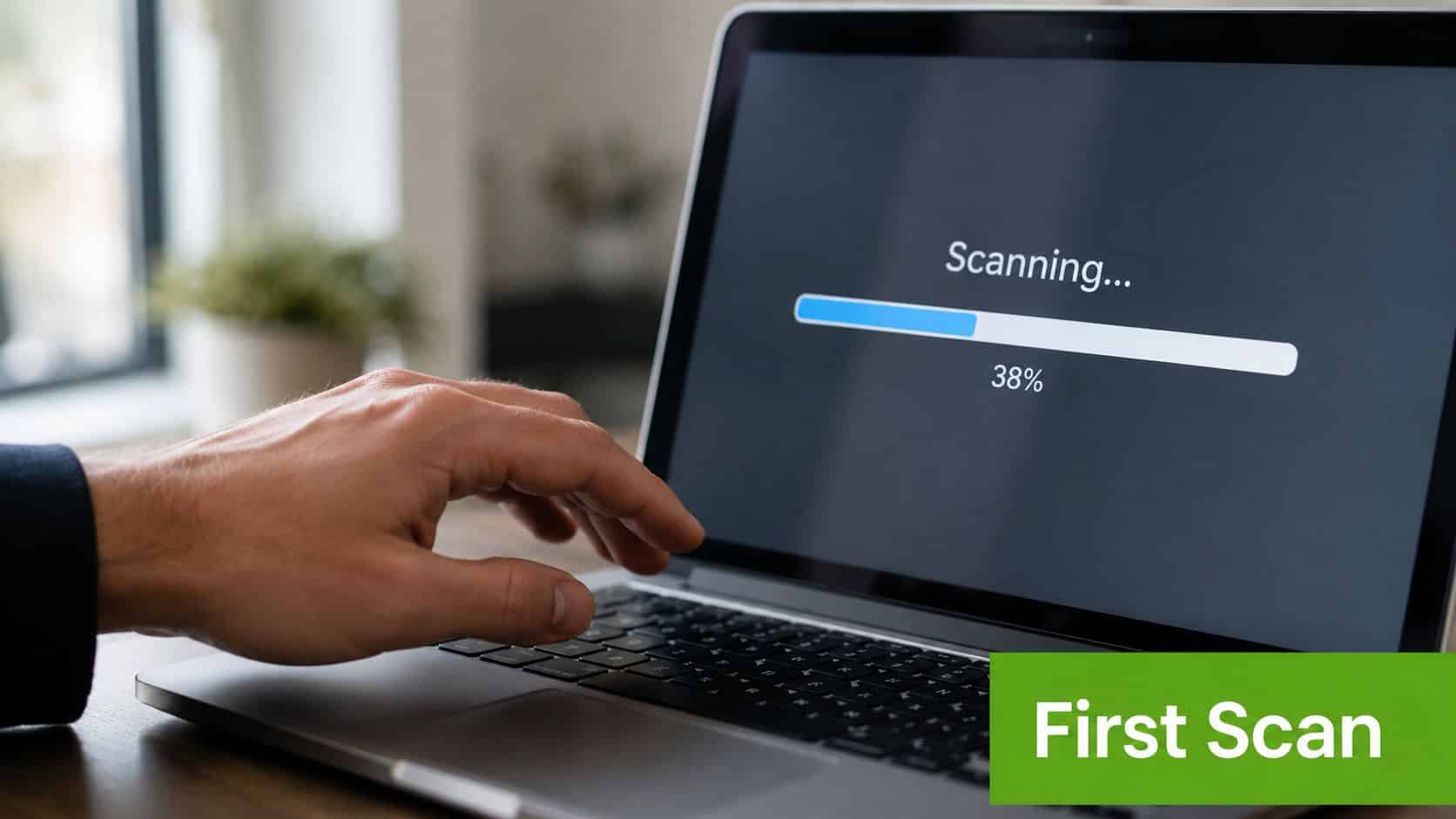 A person using a laptop computer to perform a digital malware scan, with progress shown at 38%.