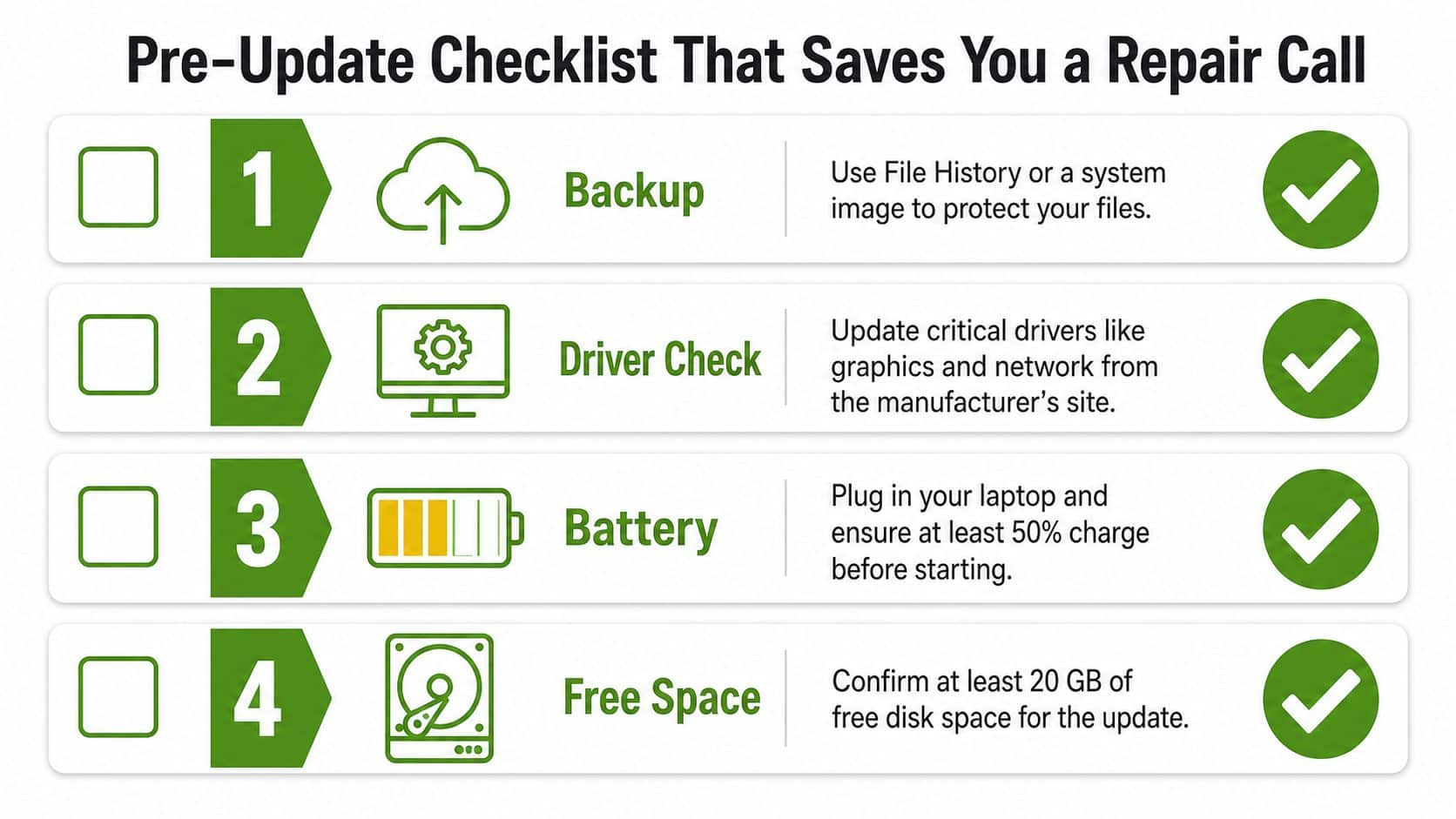 A four-step checklist for preparing a computer for a system update to prevent potential repair issues.
