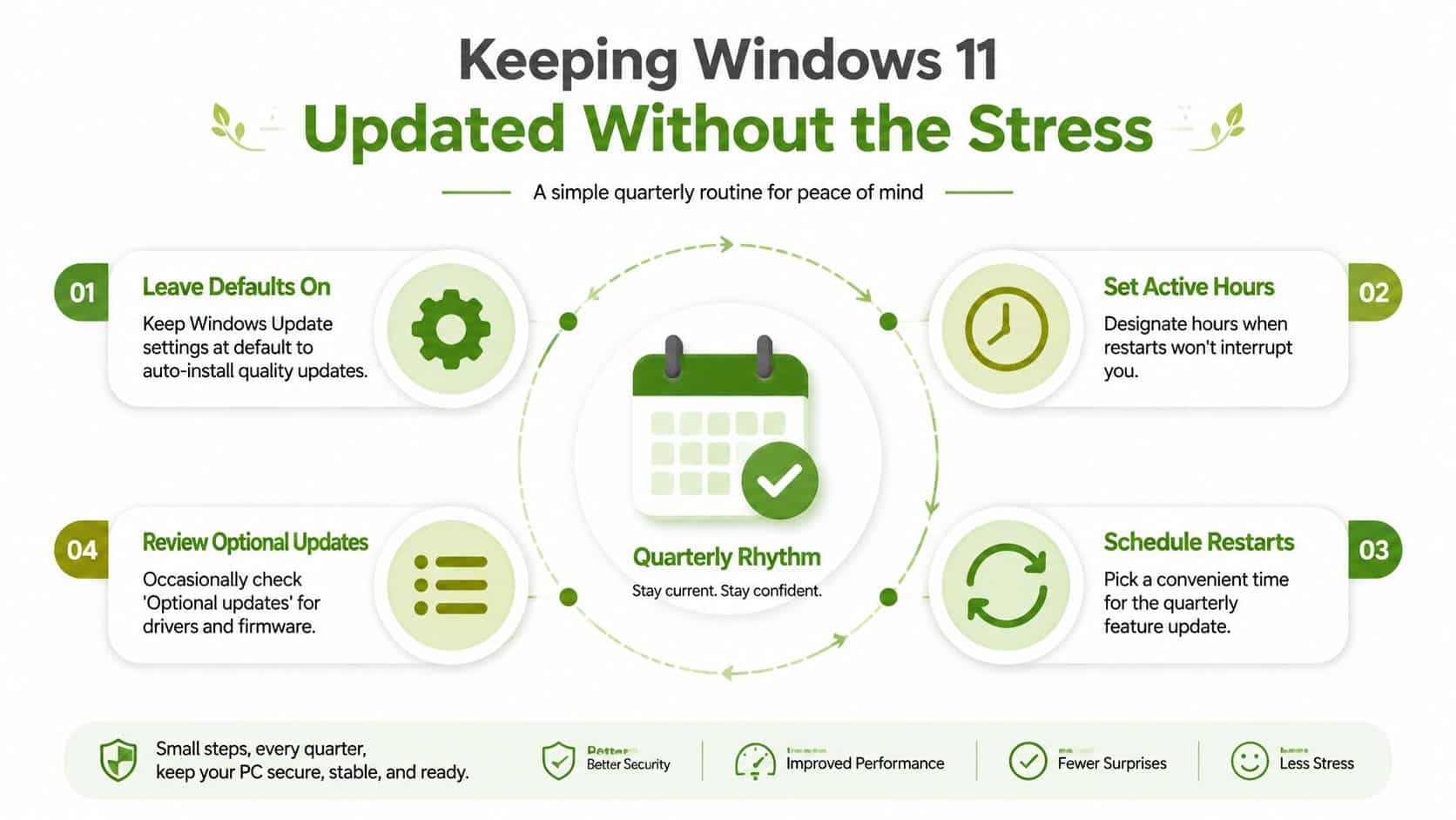 An infographic titled Keeping Windows 11 Updated Without the Stress showing four steps for managing system updates.