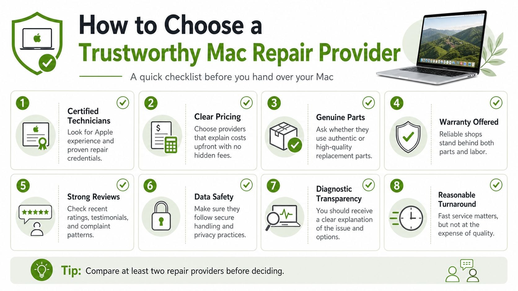 An infographic checklist for selecting a trustworthy and professional Mac repair service provider for your computer.