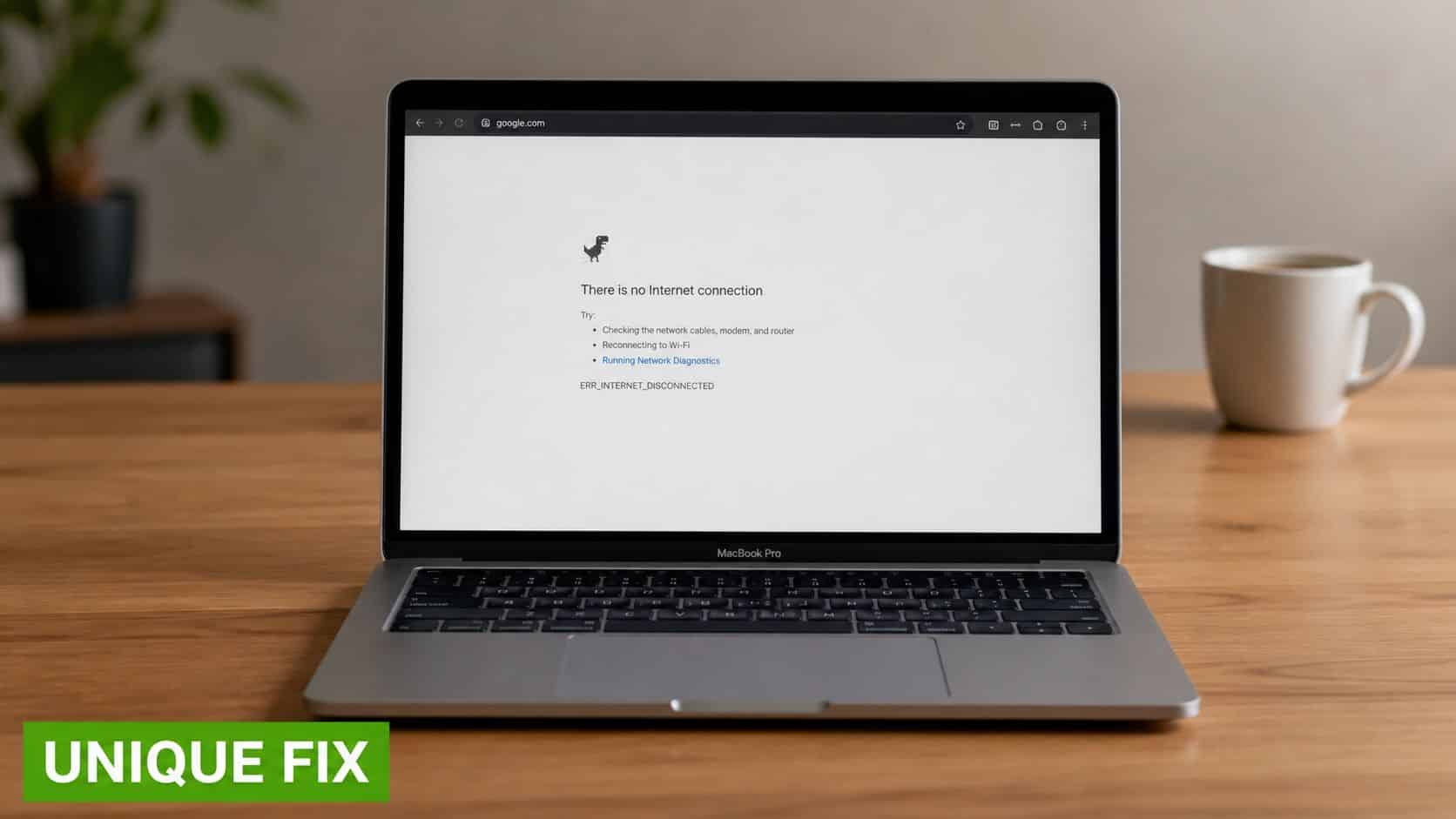 A MacBook Pro on a wooden desk showing the Chrome browser error page for no internet connection.