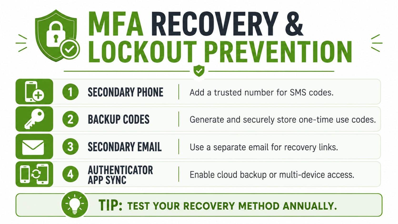 An infographic showing four essential steps for MFA recovery and preventing account lockout, including security best practices.